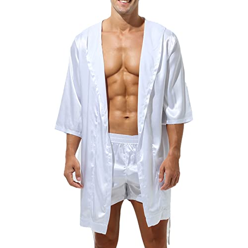 ranrann Herren Satin Pyjama Schlafanzug Kurz/Lang Bademantel Morgenmantel mit Gürtel Sexy Männer Nachthemd Sommer Erotik Nachtwäsche Weiß C_Ohne Shorts M von ranrann