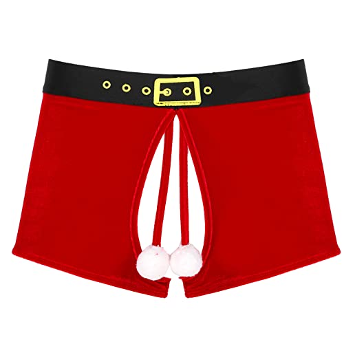 ranrann Herren Weihnachten Unterwäsche Boxershorts Ouvert Slip Unterhose Höschen mit Plüsch-Ball Dessous Trunks Ouvert Reizwäsche Geschenk Rot_C L von ranrann