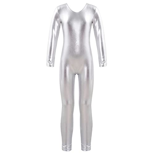 ranrann Kinder Mädchen Jungen Gymnastikanzug Langarm Body Bodysuit Overall Sport Ballett Trikot Tanz Leotard Ganzkörperanzug Einteiler Ballettanzug Turnanzug Silber_Metallic 128/8 Jahre von ranrann