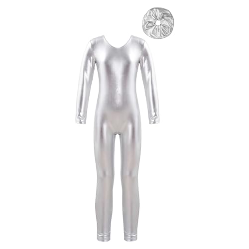 ranrann Kinder Mädchen Jungen Gymnastikanzug Langarm Body Bodysuit Overall Sport Ballett Trikot Tanz Leotard Ganzkörperanzug Einteiler Ballettanzug Turnanzug Silber_Metallic mit Haargummi 158-164 von ranrann