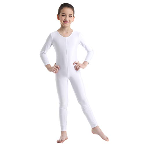 ranrann Kinder Mädchen Jungen Gymnastikanzug Langarm Body Bodysuit Overall Sport Ballett Trikot Tanz Leotard Ganzkörperanzug Einteiler Ballettanzug Turnanzug Weiß 158-164/13-14 Jahre von ranrann