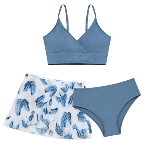 ranrann Mädchen 3tlg. Bikini Tankini Set Badeanzug Sommer Swimwear Bademode Tank Top Badehose mit Rock Kinder Badekleidung A Haze-Blau 158-164 von ranrann