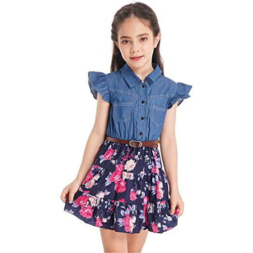 ranrann Mädchen Sommer Kleid Freizeitkleid Shirtkleid A-Linie Baumwolle Faltenkleid Demin Jeans Top Oberteil mit Geblümt Rock Kinder Casual Party Kleidung Marineblau 110-116/5-6 Jahre von ranrann