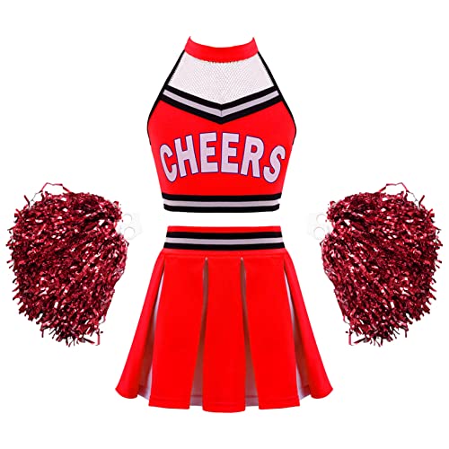 renvena Mädchen Cheerleading Outfit Uniform Kostüm Set Oberteil Tank Top Minirock mit Pompons Halloween Karneval Cheer Leader Kostüm Y Rot 170-176/15-16 Jahre von renvena
