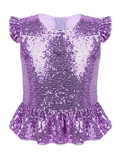 renvena Mädchen Glitzer Top Pailletten Oberteil Ärmellos Shirt T-Shirt mit Rüschen Flatterärmel Kinder Tanz Party Karneval Kostüm Lavender 134-140/9-10 Jahre von renvena