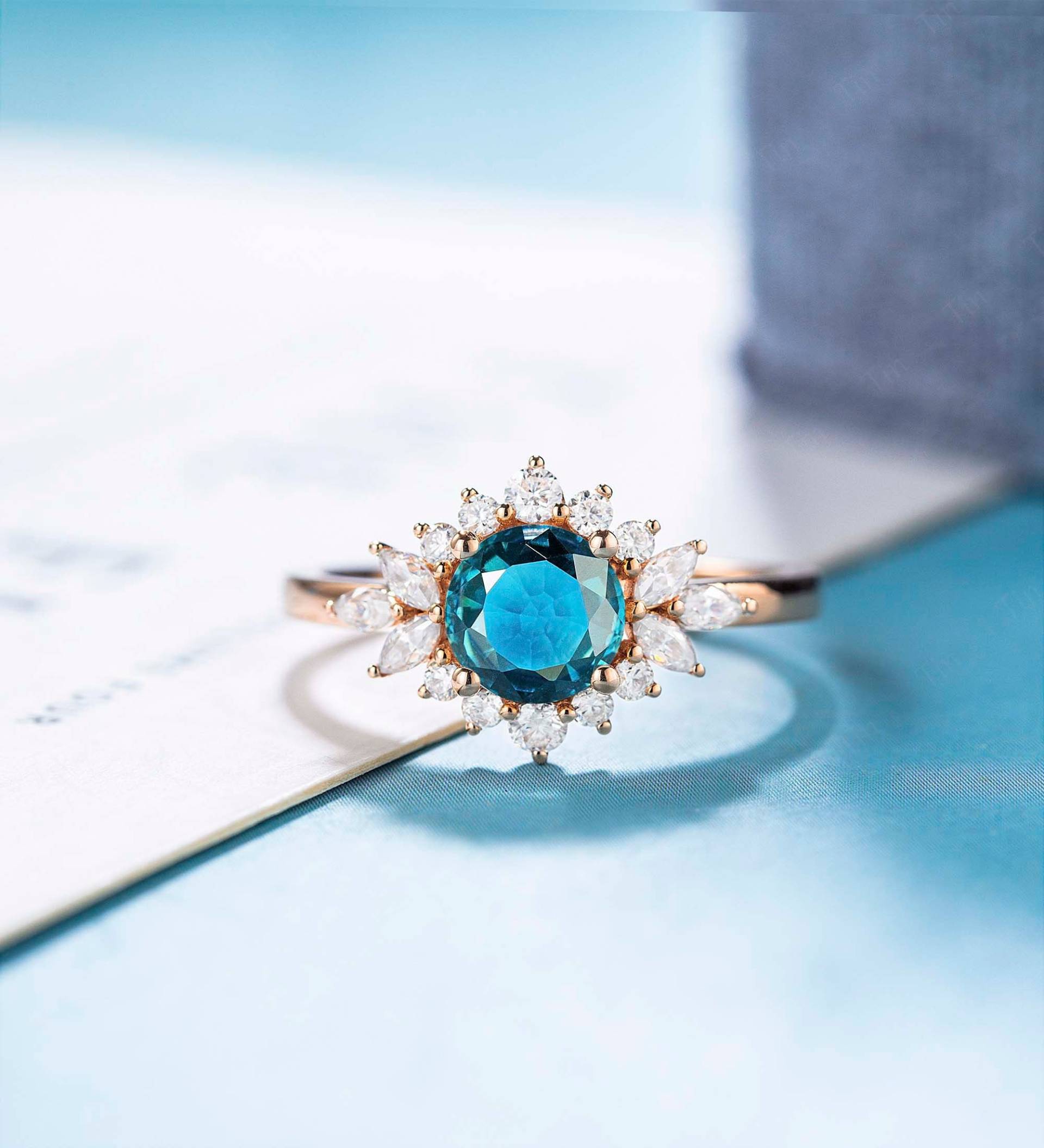 Blau Grün Saphir Verlobungsring Einzigartige Vintage Moissanite Gold Ring Art Deco Frauen Diamant-Jubiläum von ringjewelryshop
