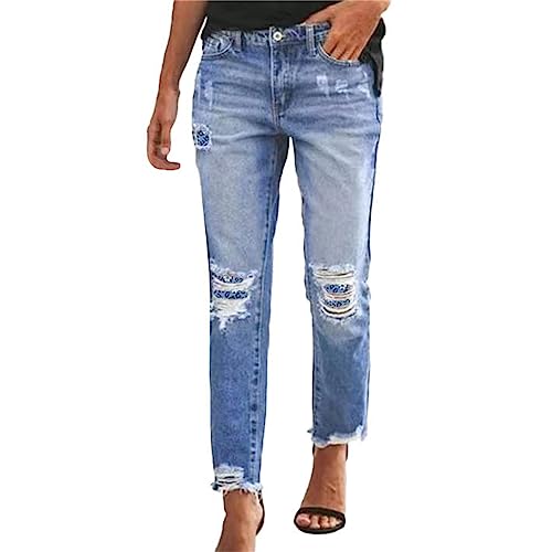 riou Jeanshosen Damen Stretch 7/8 Damen-Jeans mit geradem Bein und verwaschenem -Jeans im Distressed-Saum Jeanshosen Herren 32/34 (Light Blue, S) von riou