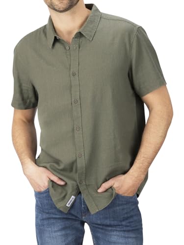 riverso Leinenhemd Herren RIVCarlo Regular Fit Kurzarm Freizeithemd Sommerhemd Leinen Hemd Oberteile Basic Knopfleiste Einfarbig, Größe:S, Farbe:Ivy Olive von riverso