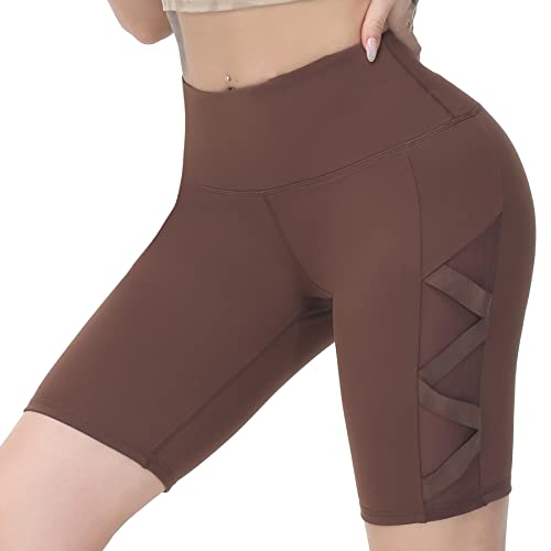 romansong Damen-Yogahose aus Netzstoff mit Tasche, nicht durchsichtig, Caprihose, hohe Taille, Bauchkontrolle, 4-Wege-Stretch, Braune Shorts: 22,9 cm, X-Groß von romansong