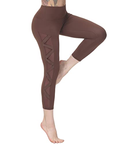 romansong Damen-Leggings aus Netzstoff, Yogahose mit Tasche, nicht durchsichtig, Caprihose, hohe Taille, Bauchkontrolle, 4-Wege-Stretch, Braune Caprihose, X-Groß von romansong