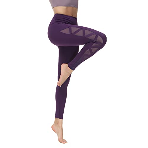 romansong Damen-Netz-Leggings, Yogahose mit Tasche, Nicht durchsichtig, Caprihose, hohe Taille, Bauchkontrolle, 4-Wege-Stretch, violett, Mittel von romansong