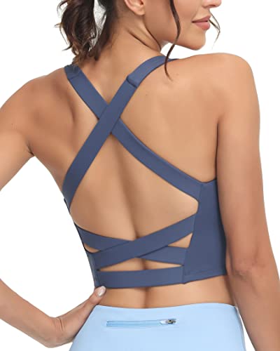 romansong Strappy Yoga Sport BHS für Frauen Gepolsterte Criss-Cross Back Tank Tops, Marineblau, Groß von romansong