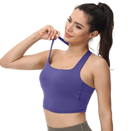 romansong Träger-Yoga-Sport-BHS für Damen, gepolstert, überkreuztes Rücken, Tank-Tops, Lila Blau, Mittel von romansong