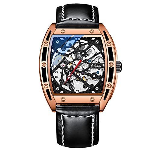 rorios Herren Uhren Automatikuhr Mechanische Uhr mit Lederband Tonneau Leuchtend Uhren Skelett Zifferblatt Armbanduhr von rorios