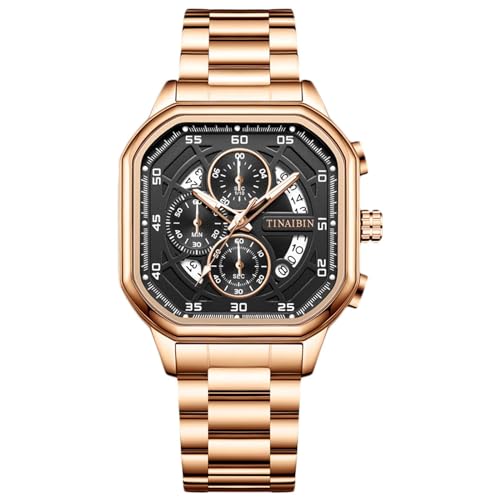 rorios Analog Quarz Herrenuhren Mode Multifunktional Armbanduhr Chronograph Leuchtend Uhr Herren Edelstahl Uhr für Männer Quadrat Freizeit Uhr Gold A von rorios