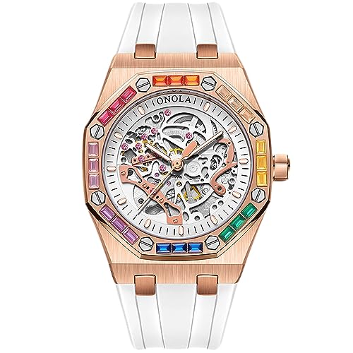 rorios Armbanduhren für Herren Mechanische Automatik Uhr Skelett wasserdichte Uhr Bunt Diamant Herrenuhren Coole Silikon Armband Uhr für Männer Rosa weiß von rorios