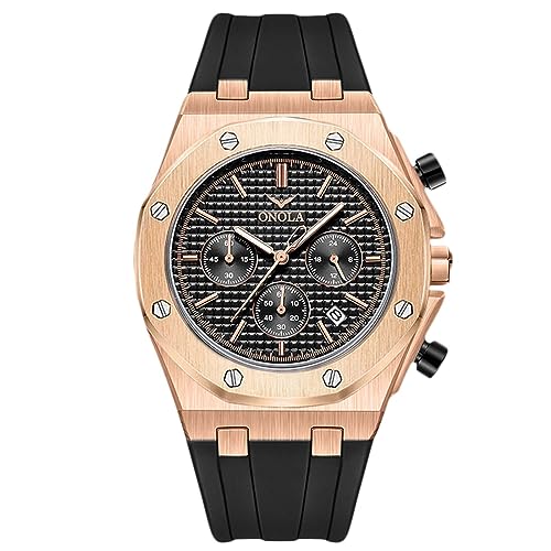 rorios Armbanduhren für Herren Portliche Analog Quarz Uhr Multifunktional Chronograph Herrenuhren Casual wasserdichte Uhr mit Silikonarmband rosa schwarz A von rorios