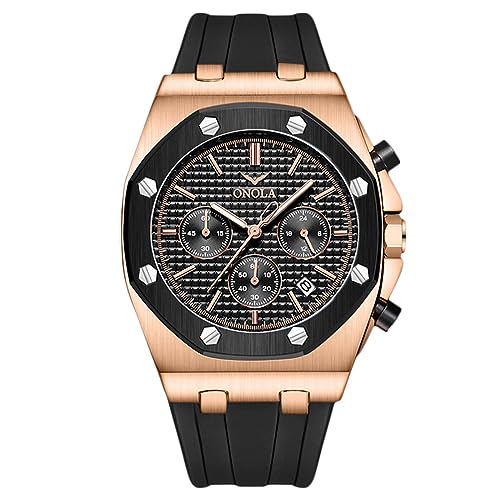 rorios Armbanduhren für Herren Portliche Analog Quarz Uhr Multifunktional Chronograph Herrenuhren Casual wasserdichte Uhr mit Silikonarmband rosa schwarz C von rorios