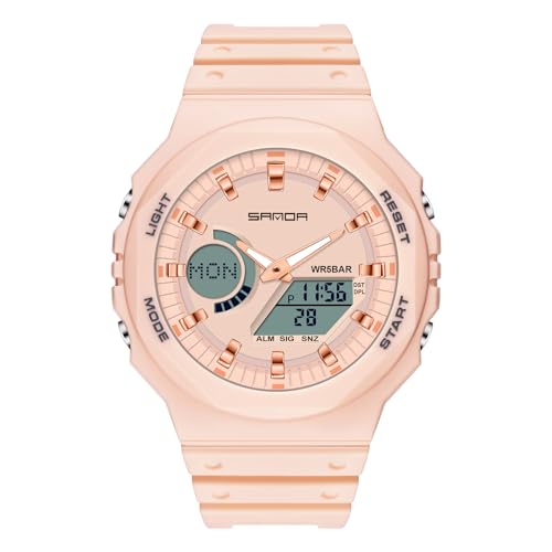 rorios Dual Display Elektronische Uhr Unisex Freizeit Armbanduhr Digital Analog Quarz Uhren Multifunktional Militär Herrenuhren für Herren Damen 50M wasserdichte Rosa von rorios