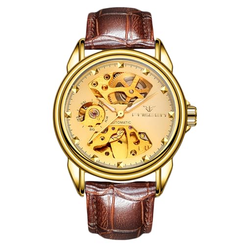 rorios Paar Mechanische Armbanduhr Damen Herren Uhren Automatik Edelstahl Uhr Minimalistisch Business Uhr Mode Skelett Uhr Goldbraun B von rorios