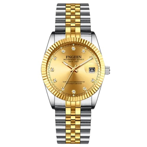 rorios Paar Quarz Uhren Damen Herren Armbanduhr Business Edelstahl Uhr Elegante wasserdichte Uhr Leuchtend Analoge Uhr Diamant Datum Kalender Uhr Silber Gold B von rorios