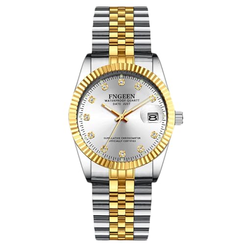 rorios Paar Quarz Uhren Damen Herren Armbanduhr Business Edelstahl Uhr Elegante wasserdichte Uhr Leuchtend Analoge Uhr Diamant Datum Kalender Uhr Silber weiß B von rorios