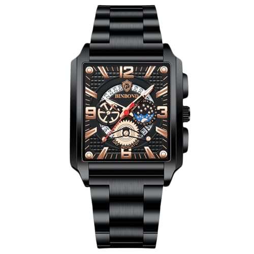 rorios Rechteckige Herrenuhren Mode Analog Quarz Armbanduhr Herren Business wasserdichte Uhren Leuchtend Edelstahl Armband für Männer Schwarze Rose A von rorios