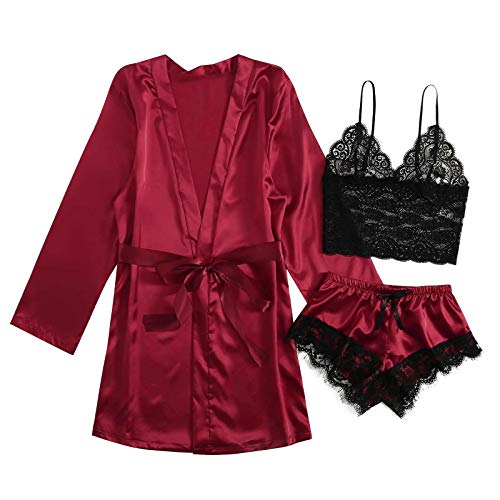 3Pc Pyjama Sets Damen Satin Seide Pyjamas Damen Sexy Dessous Roben Unterwäsche Schlafanzug Set Elegant Bequemes Nachthemd Sets Ultra Atmungsaktiv Spitze Loungewear Home Suit Nachtwäsche Negligee von routinfly