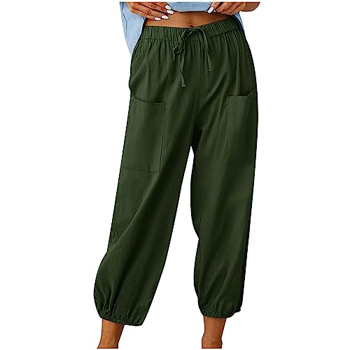 Caprihosen Damen Leinenhose Baumwolle Lose LäSsige Hose Hohe Taille Freizeithose Mit Taschen Loose Fit Weites Bein Zugband Abgeschnittene Hose Comfy Sommer Hose Casual Lantern Tapered Harem Hose von routinfly