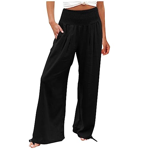 routinfly Leinenhose Damen Sommer Leichte Weite Hose Elegant Hohe Elastische Taille Baumwolle Leinen Casual Einfarbig Boho Sommerhose Gesmokte Palazzo Freizeithose Sporthose Yogahose Mit Taschen von routinfly