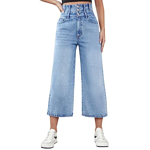 rtdgcv Damen Jeanshosen Damen Jeans-Culottes, lässig und bequem, Knopfleiste, gerades Bein, hohe Taille Schwarze Weste Teenager (Blue, M) von rtdgcv