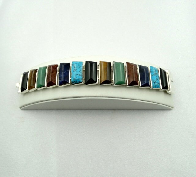 Vintage Handgemachtes Sterlingsilber Und Mehrfarbiges Stein Gliederarmband Mit Schiebeverschluss Kostenloser Versand #mcolor-lb7 von rubysvintagejewelry