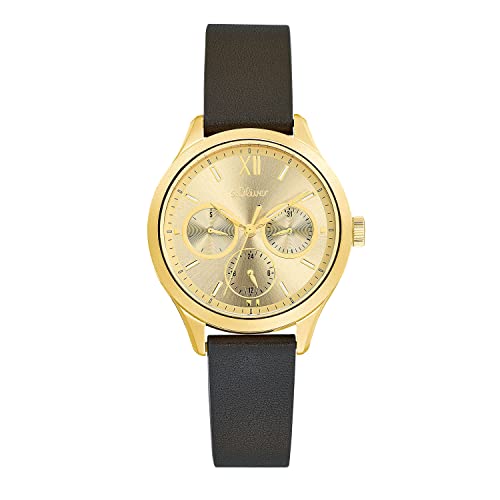 s.Oliver Armbanduhr Damen Multifunktion Analog, mit Leder Armband, Gold, 5 bar Wasserdicht, Multifunktion, Kommt in Uhren Geschenk Box, 2034606 von s.Oliver