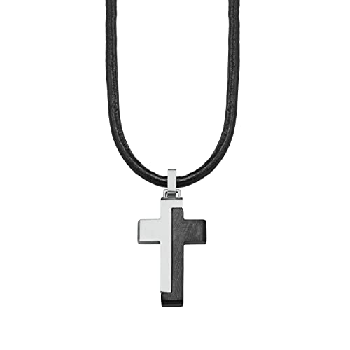 s.Oliver Kette mit Anhänger Edelstahl Leder Jungen Kinder Halsschmuck, 40+3 cm, Schwarz, Kreuz, Kommt in Schmuck Geschenk Box, 2027451 von s.Oliver