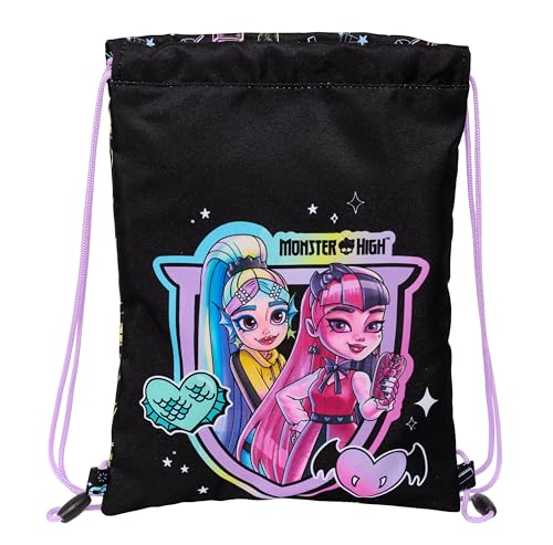 MONSTER HIGH Junior Flat Bag Rucksack, ideal für Kinder unterschiedlichen Alters, bequem und vielseitig, Qualität und Langlebigkeit, 26 x 34 cm, schwarz, schwarz/weiß, estándar, Casual, schwarz/weiß, von safta