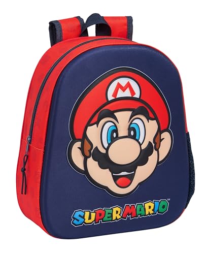 SUPER MARIO Schulrucksack, 3D-Design, anpassbar an den Wagen, ideal für Kinder unterschiedlichen Alters, bequem und vielseitig, Qualität und Widerstandsfähigkeit, 27 x 10 x 33 cm, Marineblau/Rot, von safta