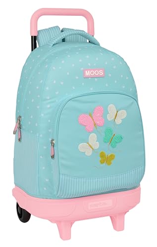 Safta Moos Butterflies Großer Rucksack mit Rädern, kompakt, abnehmbar, ideal für Kinder unterschiedlichen Alters, bequem und vielseitig, Qualität und Widerstandsfähigkeit, 33 x 22 x 45 cm, Hellblau, von safta