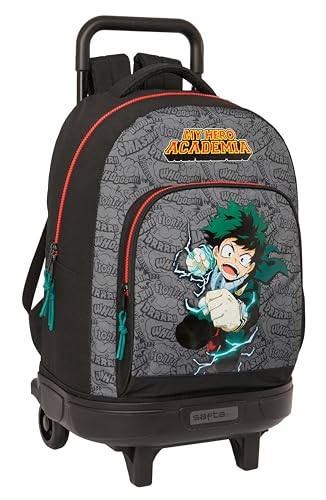 Safta My Hero Academia Großer Rucksack mit Rädern, kompakt, abnehmbar, ideal für Kinder unterschiedlichen Alters, bequem und vielseitig, Qualität und Widerstandsfähigkeit, 33 x 22 x 45 cm, Schwarz, von safta