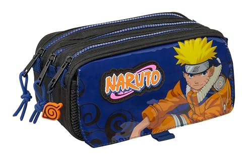 Safta Naruto Ninja Federmäppchen mit DREI Fächern, für Kinder, ideal für Kinder im Schulalter, bequem und vielseitig, Qualität und Widerstandsfähigkeit, 21,5 x 8 x 10 cm, Schwarz/Blau, schwarz/blau, von safta