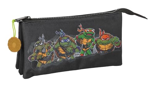 Safta Ninja Turtles Federmäppchen mit DREI Fächern, für Kinder, ideal für Kinder im Schulalter, bequem und vielseitig, Qualität und Widerstandsfähigkeit, 22 x 3 x 12 cm, Grau/Schwarz, Grau/Schwarz, von safta