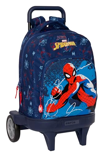 Safta SPIDERMAN NEON Großer Rucksack mit Rädern, kompakt, abnehmbar, ideal für Kinder unterschiedlichen Alters, bequem und vielseitig, Qualität und Widerstandsfähigkeit, 33 x 22 x 45 cm, Marineblau, von safta