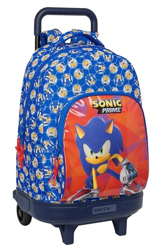 Sonic Prime Großer Rucksack mit Rädern, kompakt, abnehmbar, ideal für Kinder verschiedener Altersgruppen, bequem und vielseitig, Qualität und Widerstandsfähigkeit, 33 x 22 x 45 cm, Blau, blau, von safta