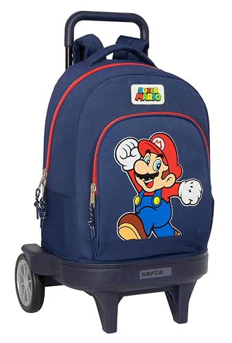 Super Mario World Großer Rucksack mit Rädern, kompakt, abnehmbar, ideal für Kinder verschiedener Altersgruppen, bequem und vielseitig, Qualität und Widerstandsfähigkeit, 33 x 22 x 45 cm, Marineblau, von safta