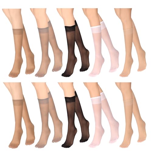 salbsever 10 Paar Damen Kniestrümpfe Erwachsene Feinstrümpfe Kniehohe, Breathable Ultra-Soft 5 Farben (weiß, schwarz, hautfarben, grau, braun) von salbsever