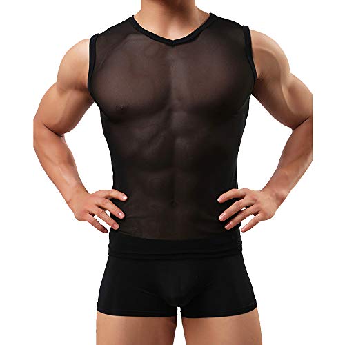 sandbank Unterwäsche T-Shirt für Herren Schwarz Langarm Mesh Top Unterhemd Herren Sexy Mesh Sheer T-Shirt Nachtwäsche Gym Fitness Gr. L, Schwarz # 2 von sandbank