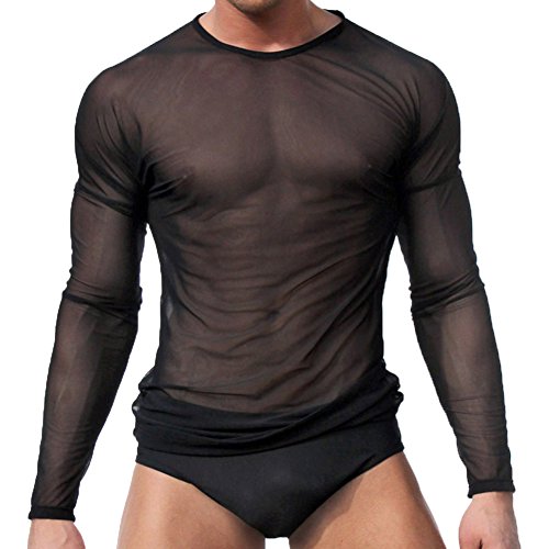 sandbank Unterwäsche T-Shirt für Herren Schwarz Langarm Mesh Top Unterhemd Herren Sexy Mesh Sheer T-Shirt Nachtwäsche Gym Fitness Gr. L, Schwarz von sandbank