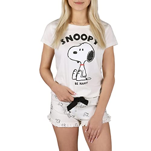 Snoopy Peanuts Ecru Sommer-Kurzarm-Damenpyjama, Baumwolle, Rüschen M von sarcia.eu