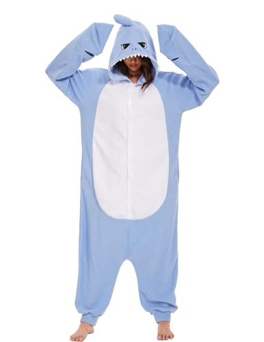 sazpajacos Tierischer Hai Einteiler Halloween Cosplay Kostüm Unisex Erwachsener Hai Strampler Schlafanzug Cartoon Wilder Hai Kostüm Verkleidung Party Einteiler für Frauen Männer Blau L von sazpajacos