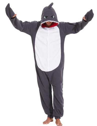 sazpajacos Tierischer Hai Einteiler Halloween Cosplay Kostüm Unisex Erwachsener Hai Strampler Schlafanzug Cartoon Wilder Hai Kostüm Verkleidung Party Einteiler für Frauen Männer grau S von sazpajacos