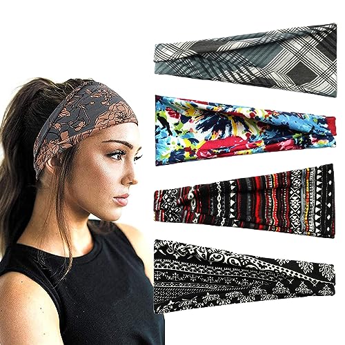 scicent Haarband 4 Stück Stirnbänder Elastische Haarbänder Yoga Sport Workout Gym Kopftuch Haarreifen Baumwolle Breit Damen Headband Sommer Bandana Haar Accessoires - 13220 von scicent